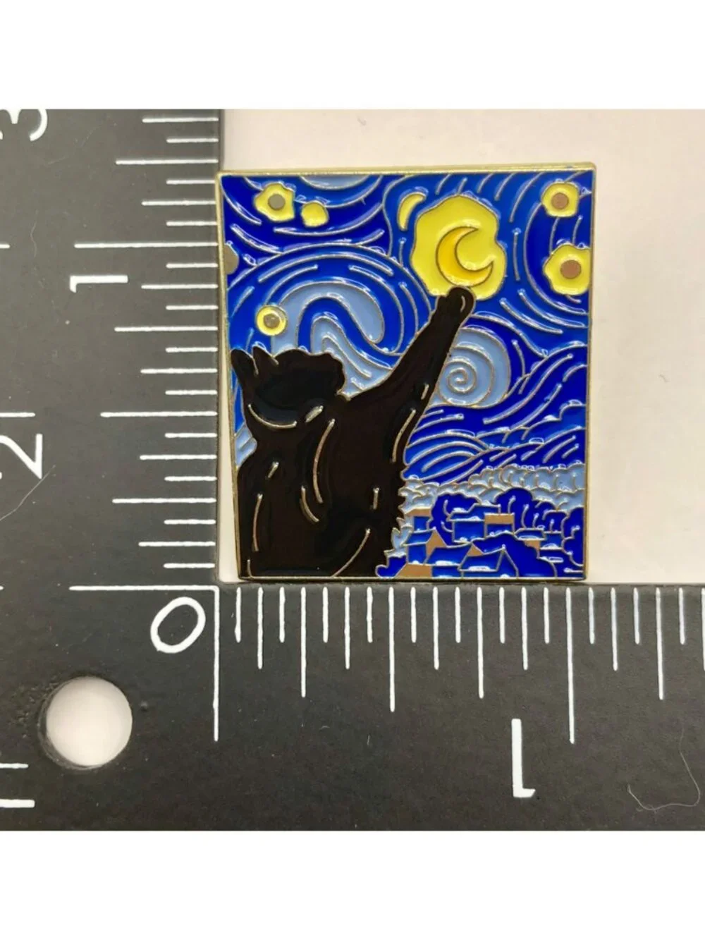 Starry Night Cat Enamel Pin - Black Cat & Moon Design Gold-Tone -35B